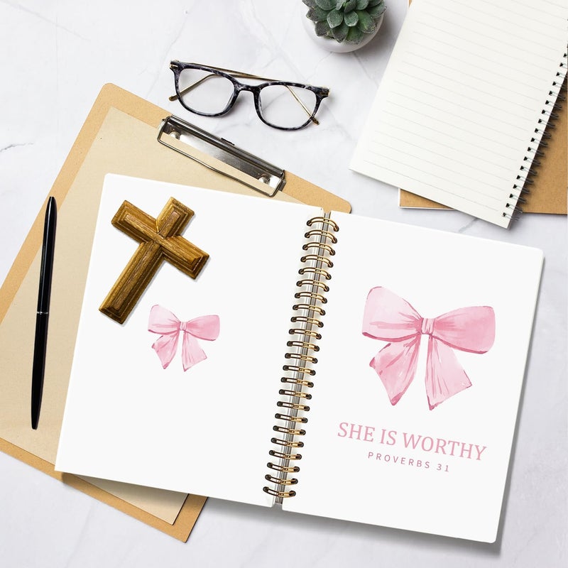 WLIANG Bible Journal Gifts for Women, Inspirational Christian Gifts for Women Girls, Scripture Prayer Journal, Cute Preppy Pink Bow Bible Study Spiral Notebook for Bible Notes 5.5 x 8.3 - Image 5